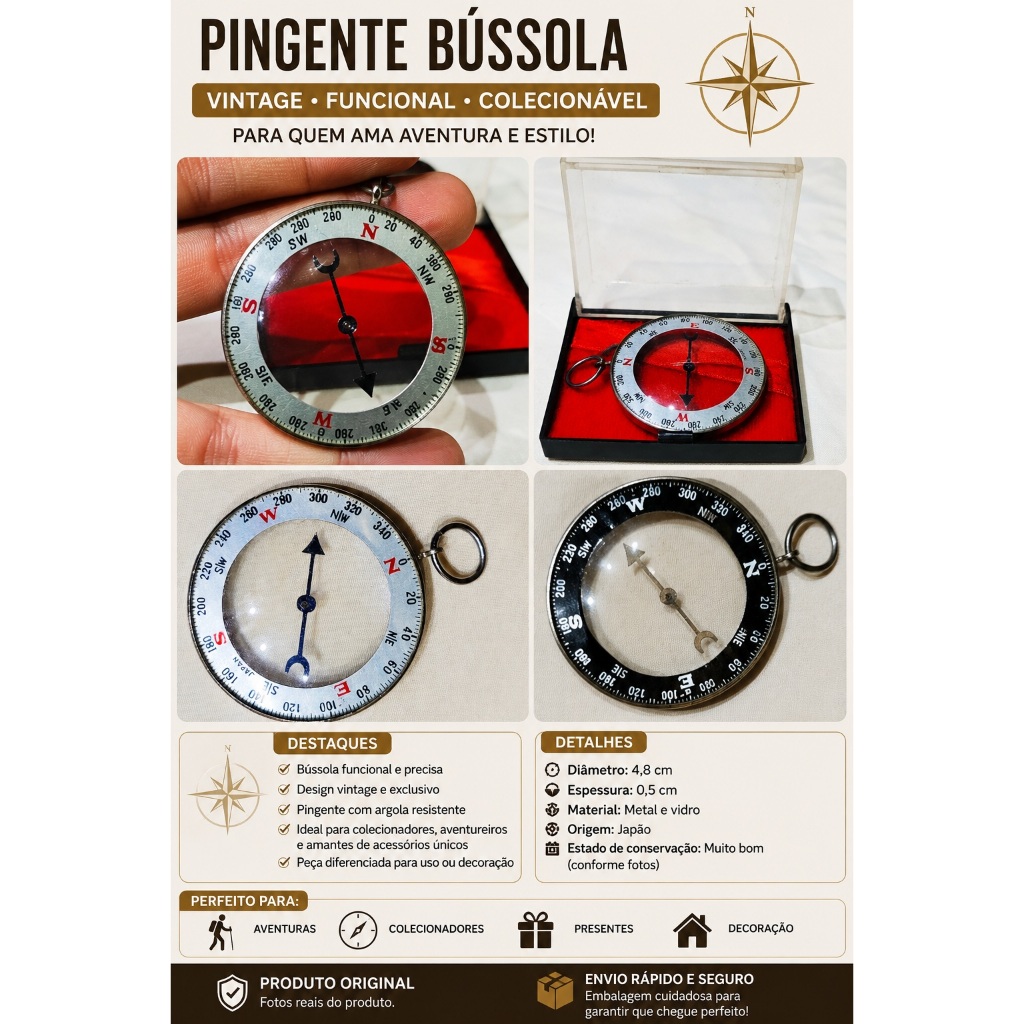 Pingente Bússola Vintage Peça Colecionável