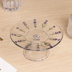 Prato com Pé Lavanda Hand Painting Cristal Wolff Prato para Doces Sobremesas Mesa Posta e Decoração Qualidade Jantar Uso