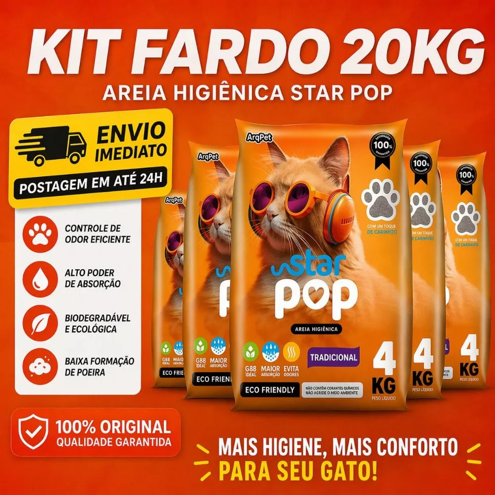 Kit 5 Areia Sanitária Star Pop Tradicional Higiênica Argila Natural para Gato Antiodor 20kg Argipet