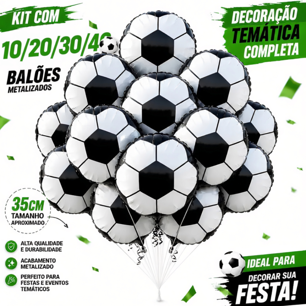 Kit Balão Metalizado Bola de Futebol 35cm 10/20/30/40 Peças Festa Aniversário Menino Decoração