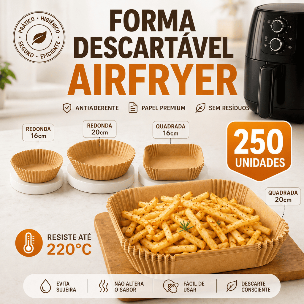 Kit até 250 Formas Airfryer Descartável Papel Antiaderente Redonda Quadrada Sem Sujeira ENVIO IMEDIATO
