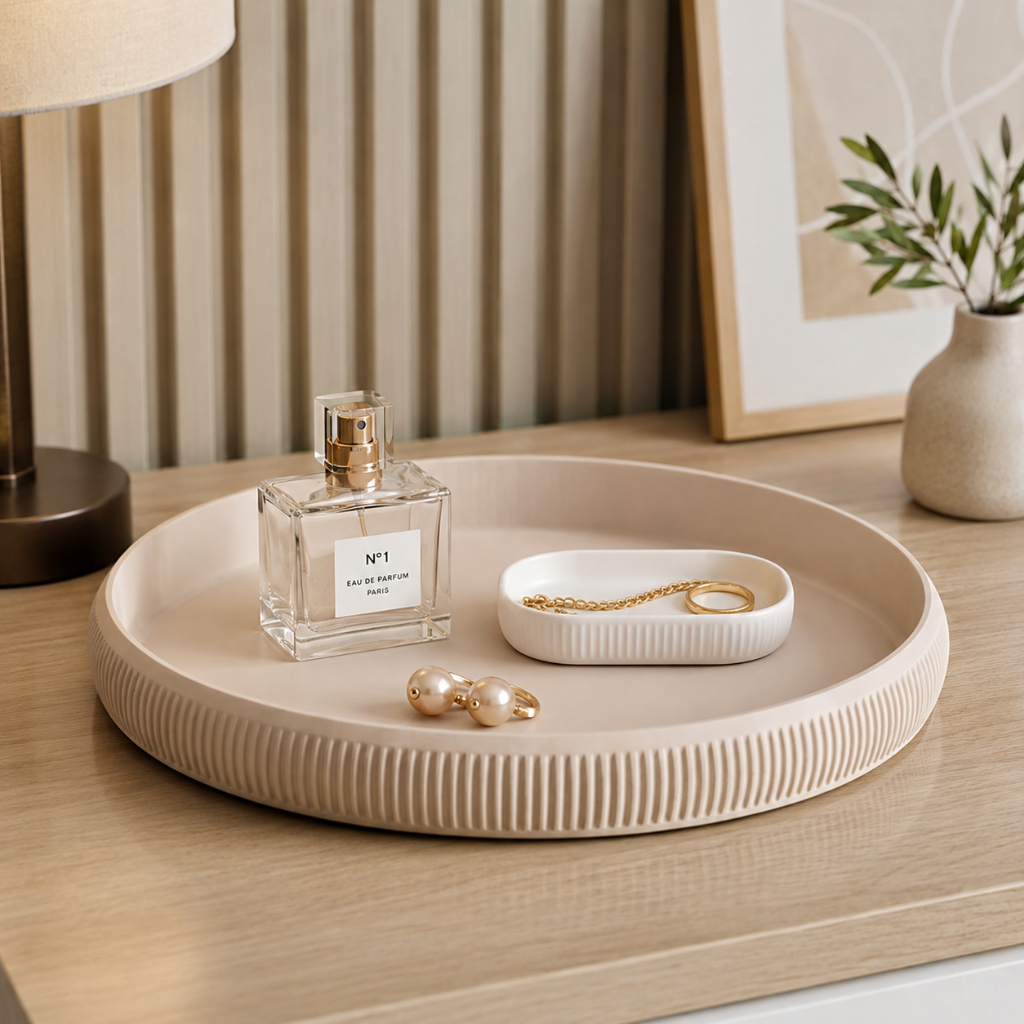Bandeja Redonda Decorativa Japandi Porta Objetos Organizador Mesa Multiuso Banheiro Skincare Acessórios