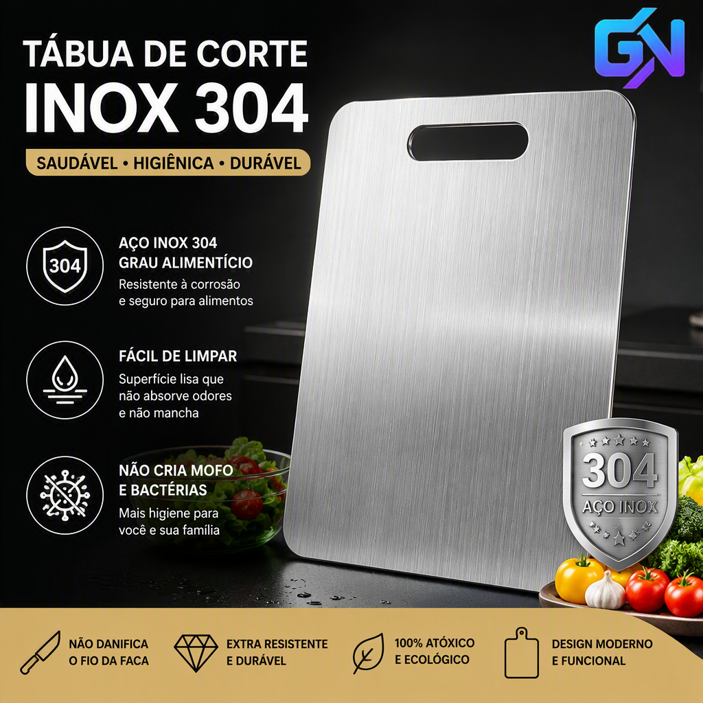 Tábua de Corte 46cm x 30cm Grande em Aço Inoxidável 304 Antibacteriana e Antimofo para Cozinha