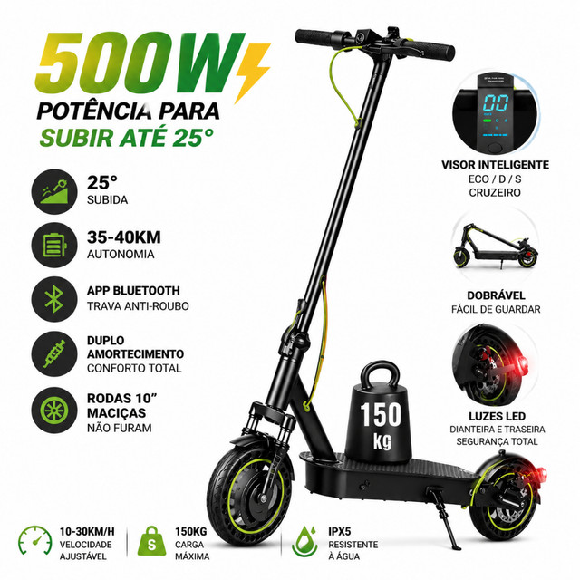 Patinete Scooter Elétrico,Patinete Elétrico 500w Com Velocidade Até 30 Km Bluetooth,autonomia de 40 km, dobrável