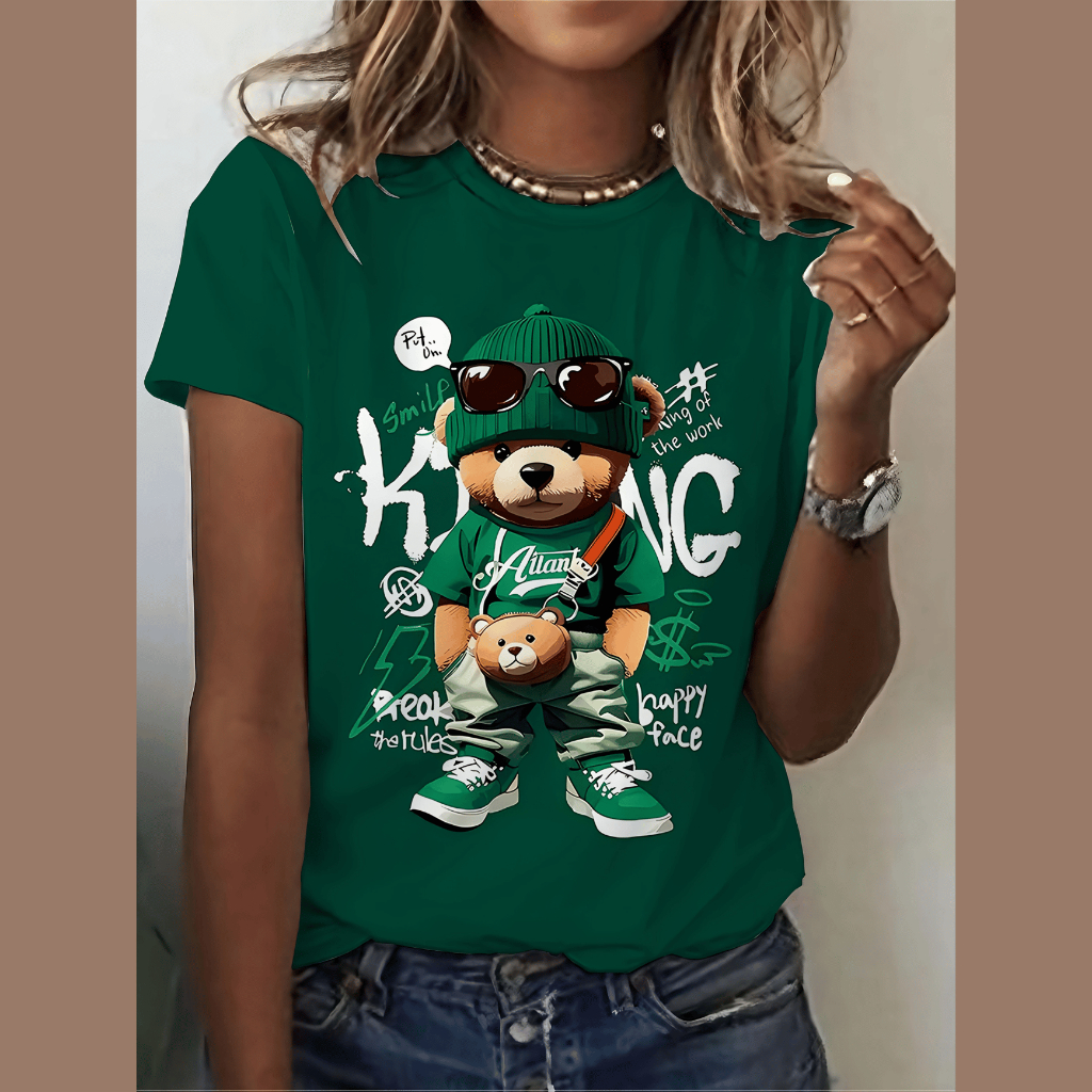Camiseta Feminina Estampada Tendência Moda Confortável Ursinho Estiloso Streetwear Babylook