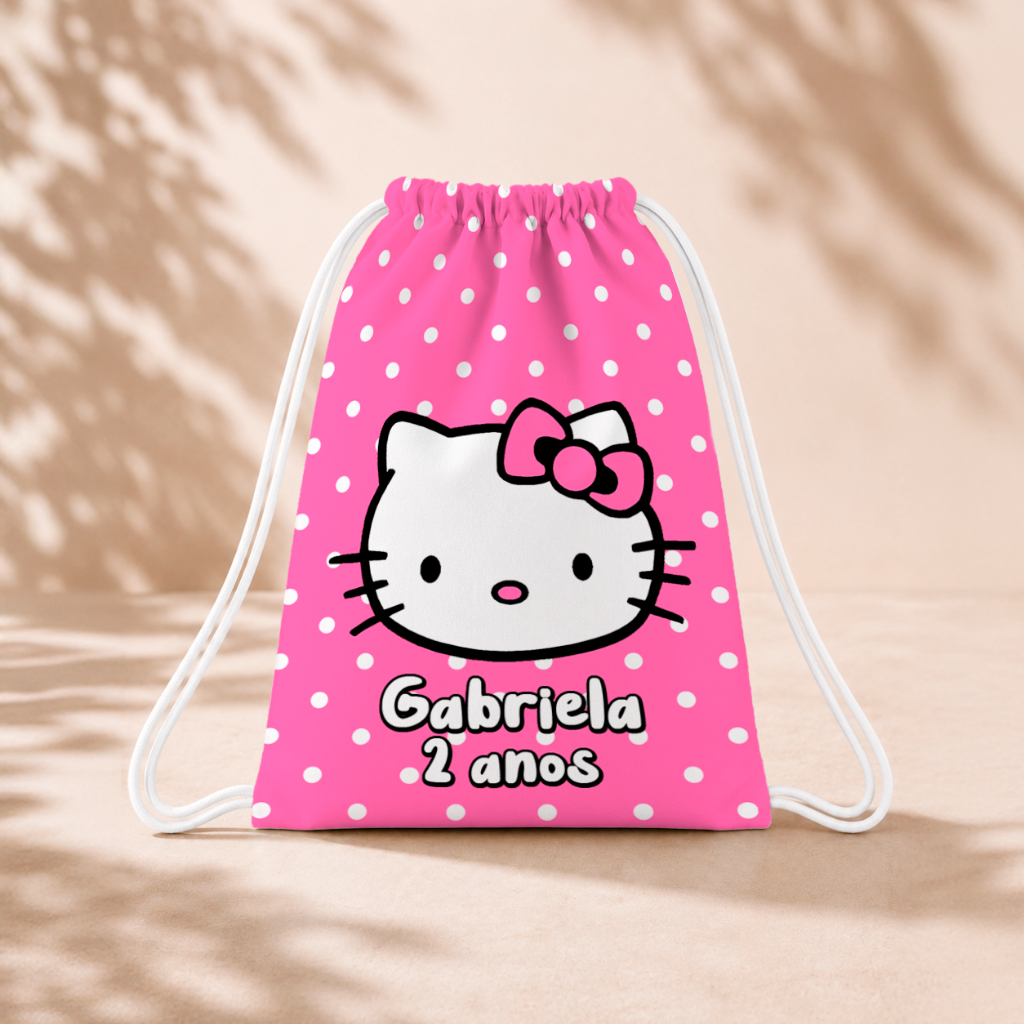 10 Mochila Personalizada 18x26 Sacolinhas Festa Aniversário Lembrancinha Hello Kitty Rosa M1