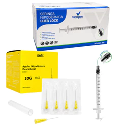 Kit 100 Seringas 1ml Bico Luer Lock Rosca + 100 Agulhas Amarelo 30G - Preto 22G - Rosa 18G