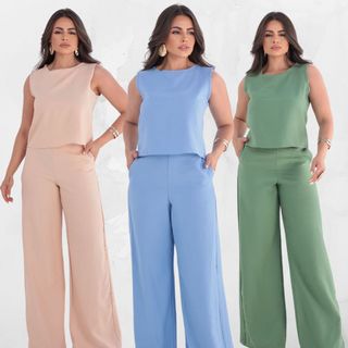 Conjunto Feminino Calça Pantalona Alfaiataria Elegante Regata Wide Leg Flare Conjunto Blusa e Calça Conjunto Alfaiataria