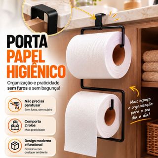 Suporte Duplo para Papel Higiênico Preto de Encaixe em Armário ou Caixa Acoplada sem Furos 20x14x14cm Fácil Instalação