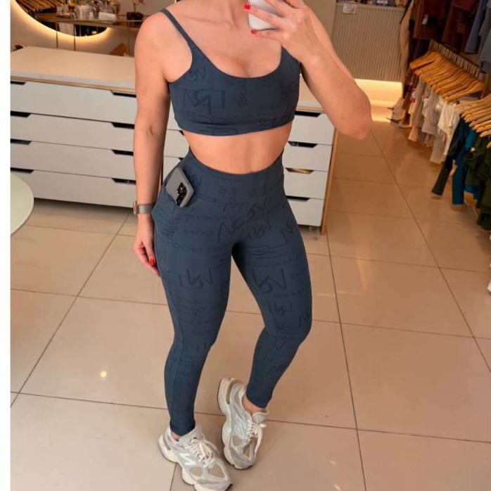 Conjunto Fitness Feminino Top + Legging Poliamida Compressão Cintura Alta UV Sem Transparência