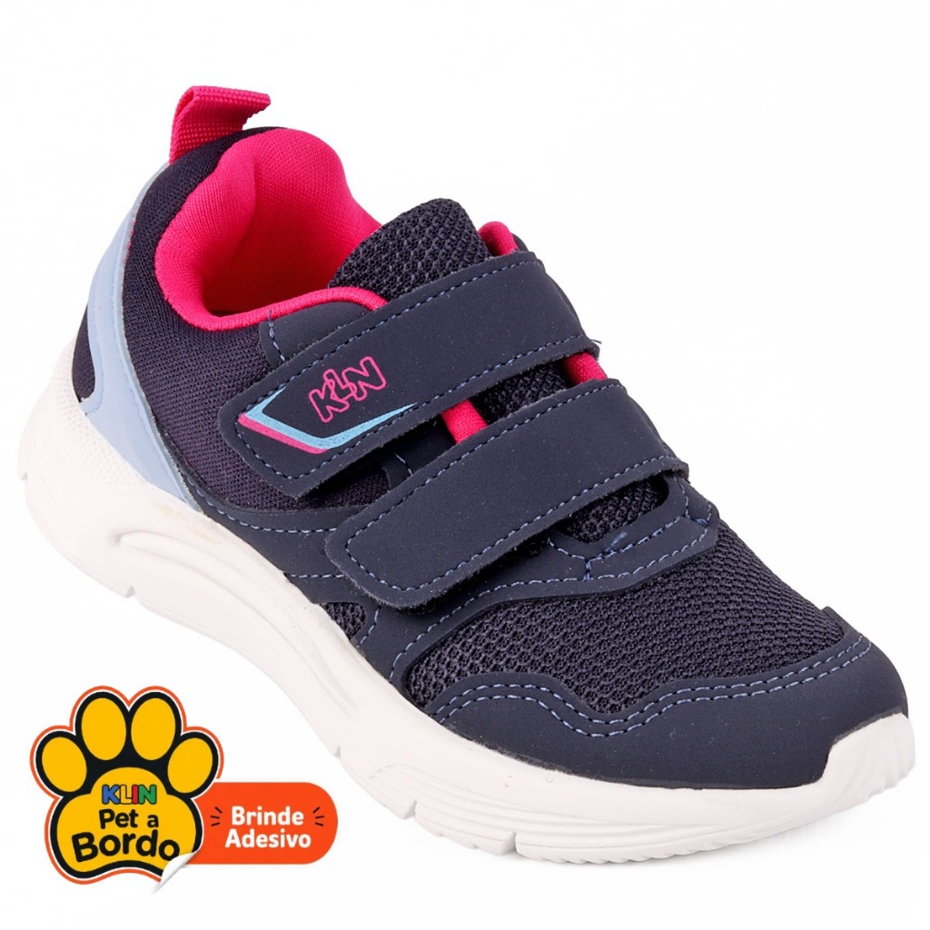 Tênis Infantil Menina Klin Original New Sport Marinho e Rosa com Velcro Duplo Calce Fácil Anatômico