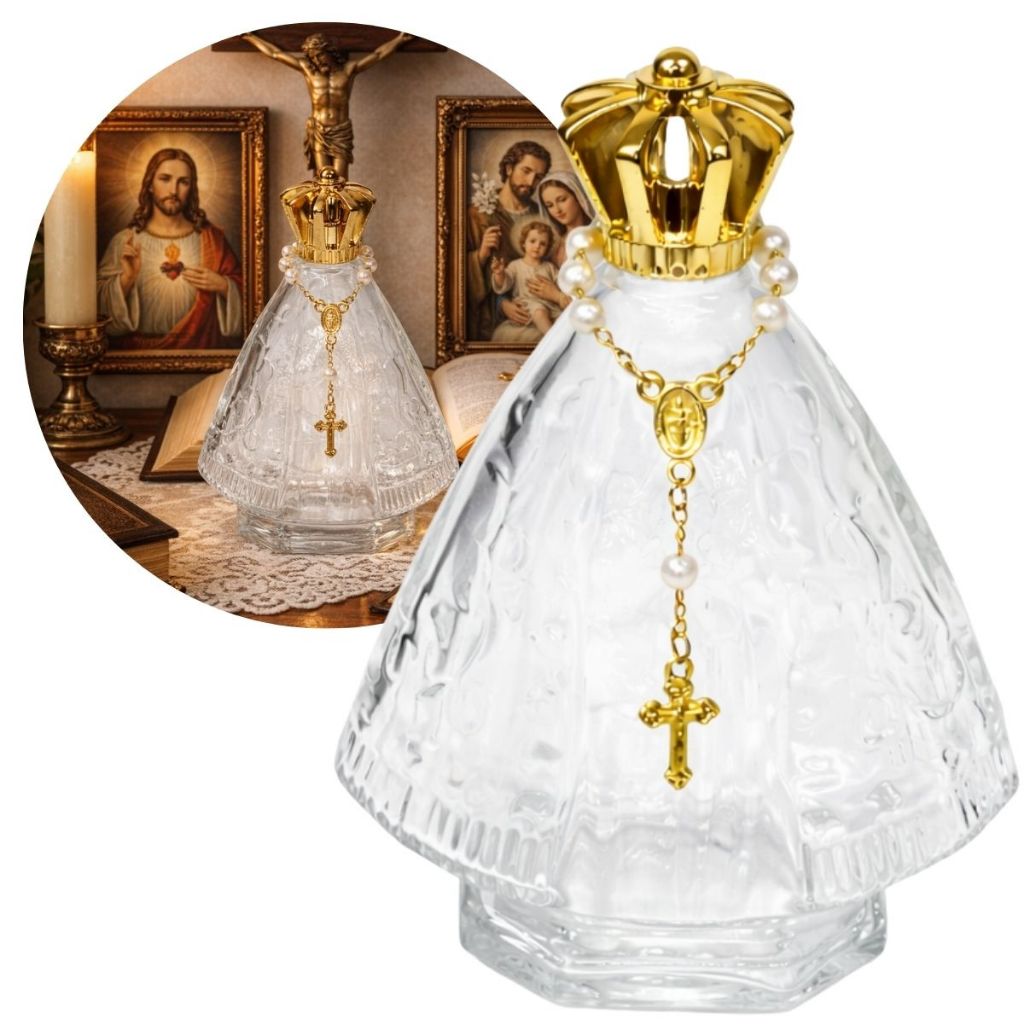 Kit 06 Frascos de Vidro Nossa Senhora Aparecida Santinha 120ml + Mini Terço
