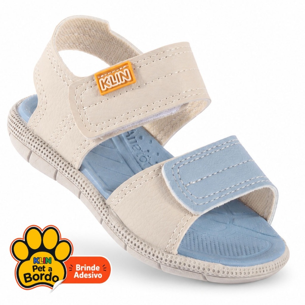 Sandália Papete Infantil Masculina Klin Tic Tac Original Anatômica Com Velcro Off-White e Azul