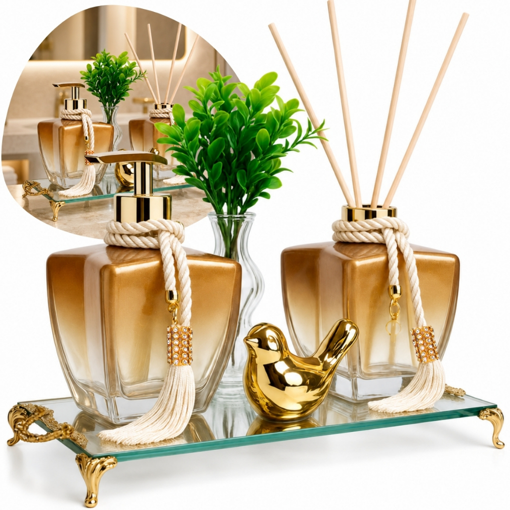 Kit Lavabo Banheiro Luxo Porta Sabonete e Difusor C/ Bandeja + Enfeites