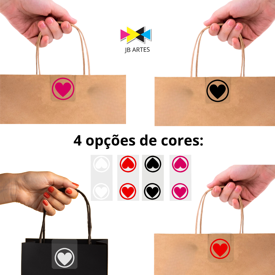 120 Lacres Fecha Sacola Coração Adesivo Transparente Vinil Diversas Cores 7x3CM