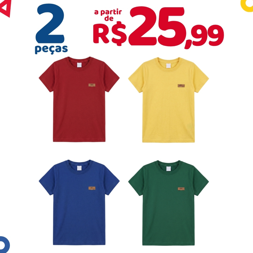 Kit 2 Camisetas Básicas Lisas Menino Infantil Verão Manga Curta Sortidas 1 ao 14