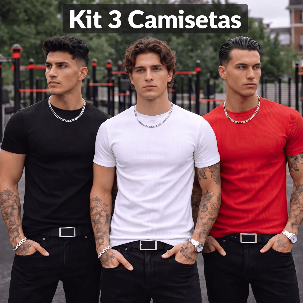 Kit 3 Camiseta Americana Masculina Canelada Slim Fit Básica Ribana Estilo Premium Academia Gringa Modeladora