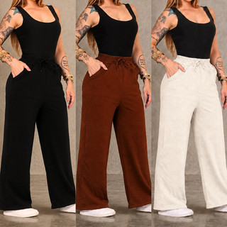 Calça Pantalona Feminina Wide Leg Cintura Alta com Bolsos Elástico Cordão Confortável Casual Ana Julia Moletom