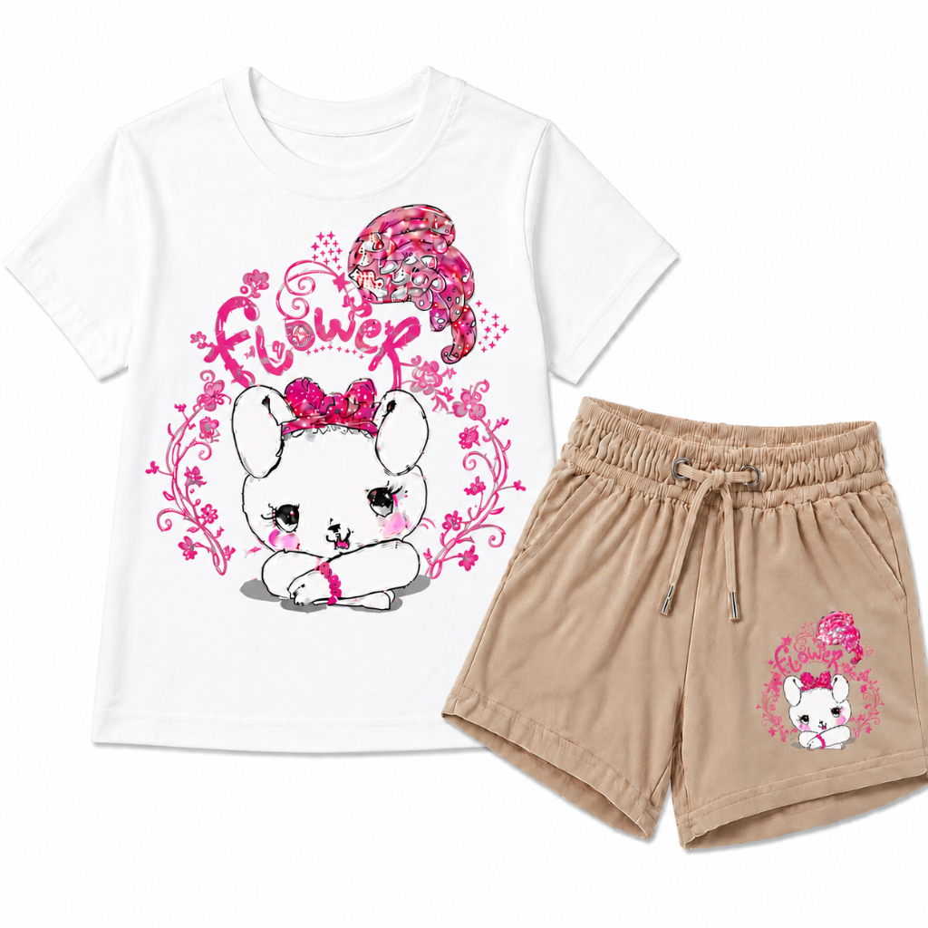 CONJUNTO INFANTIL FEMININO DE BERMUDA E CAMISETA COELHINHA FLOWERConjunto Infantil FEMININO Camiseta e Bermuda – Código