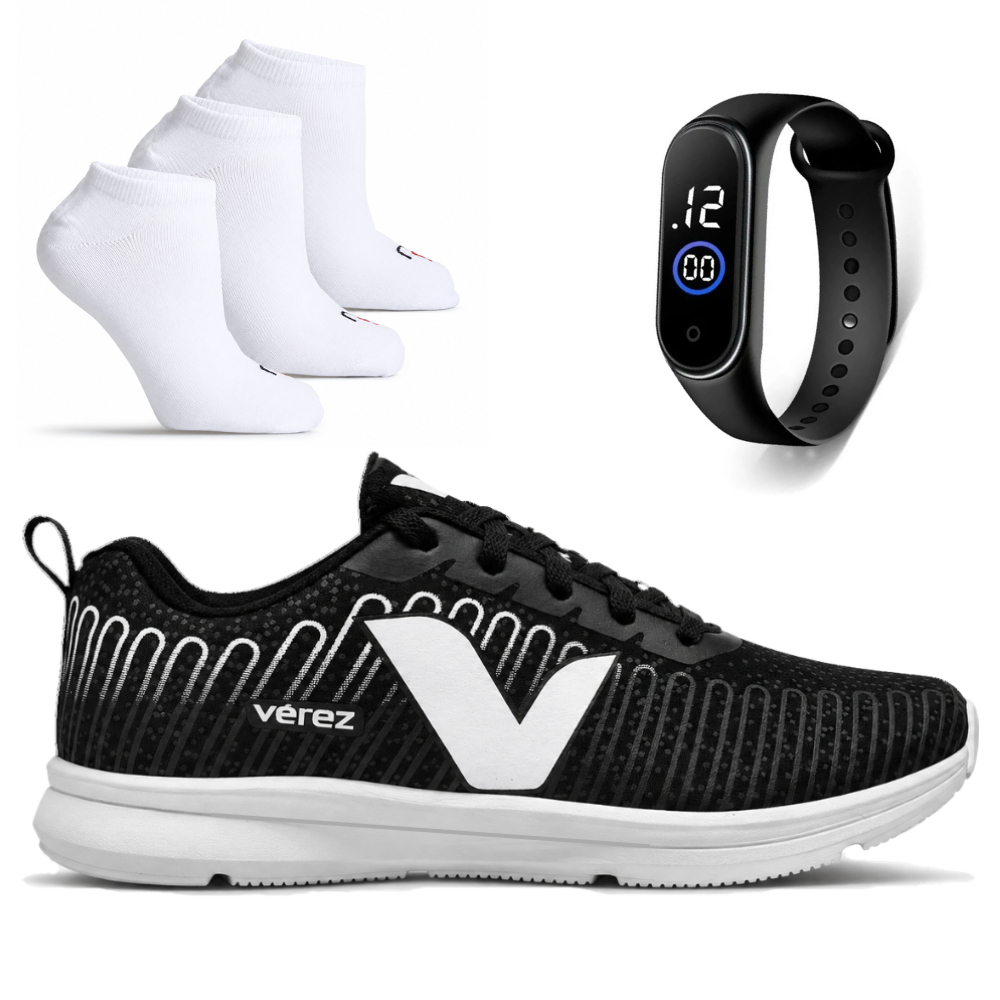 Kit Tênis Verez Masculino/Feminino + 3 Pares de Meias + Relógio Digital