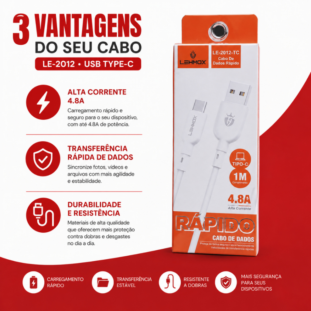 Cabo Carregador USB Tipo C LE-2012 1 Metro Preto e Branco Para Carga e Dados — imagem 2 de 2