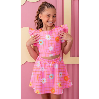 Conjunto Infantil Feminino Floral Rosa Cropped com Babado + Short Saia | Menina 2, 4, 6 e 8 Anos