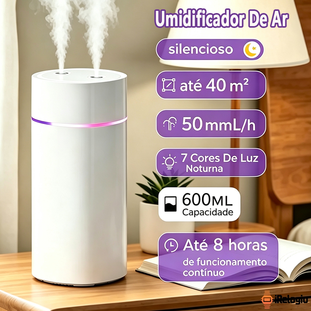 Umidificador De Ar Ultrassônico E Aromatizador 600ML Saída Dupla Luzes LED's Coloridas Portátil Usb
