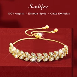 Sunlifex Pulseira Feminina B008 Original Fashion Luxo Zircônia 5A Design Folha Ajustável Antidesbotamento Dourada