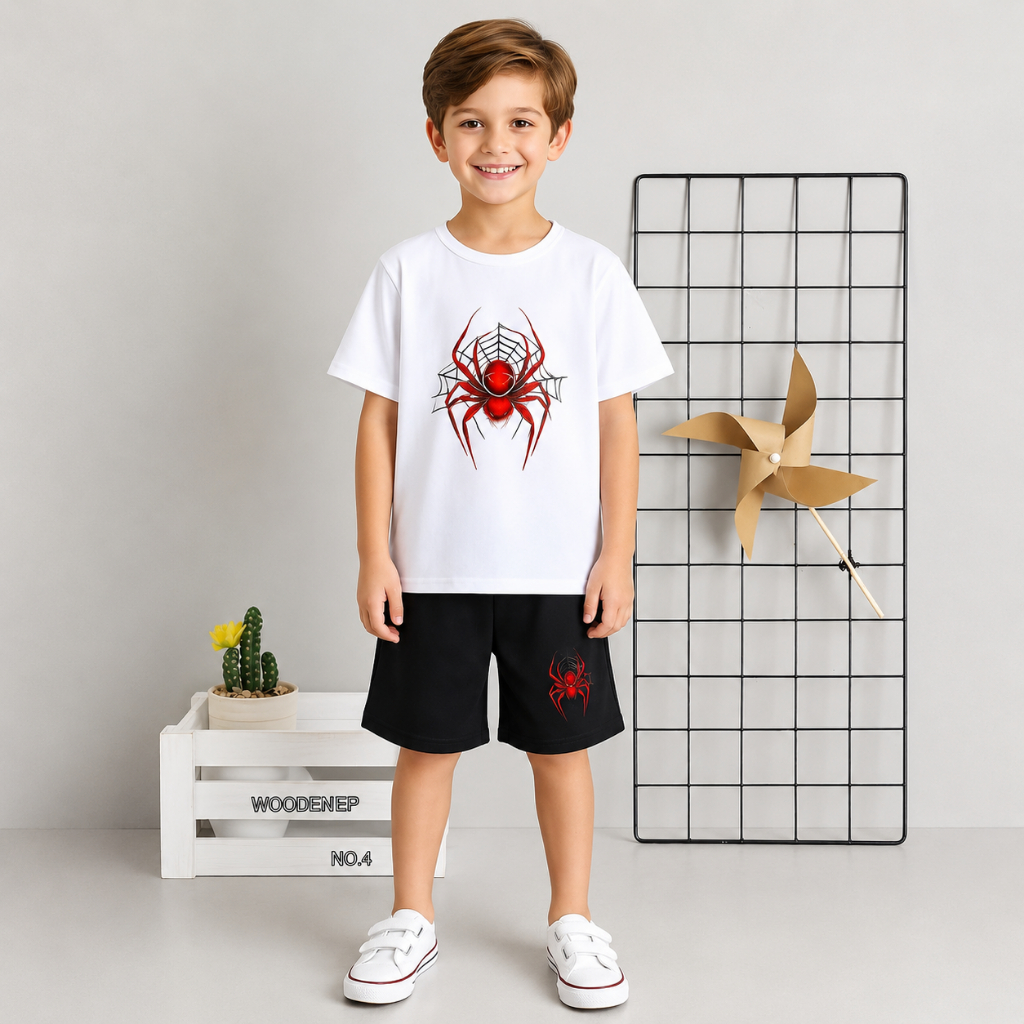 Kit Camiseta Infantil Menino Algodão Estampa Homem Aranha Desenho + Bermuda Spiderman "Um Novo Dia" StreetWear Heróis