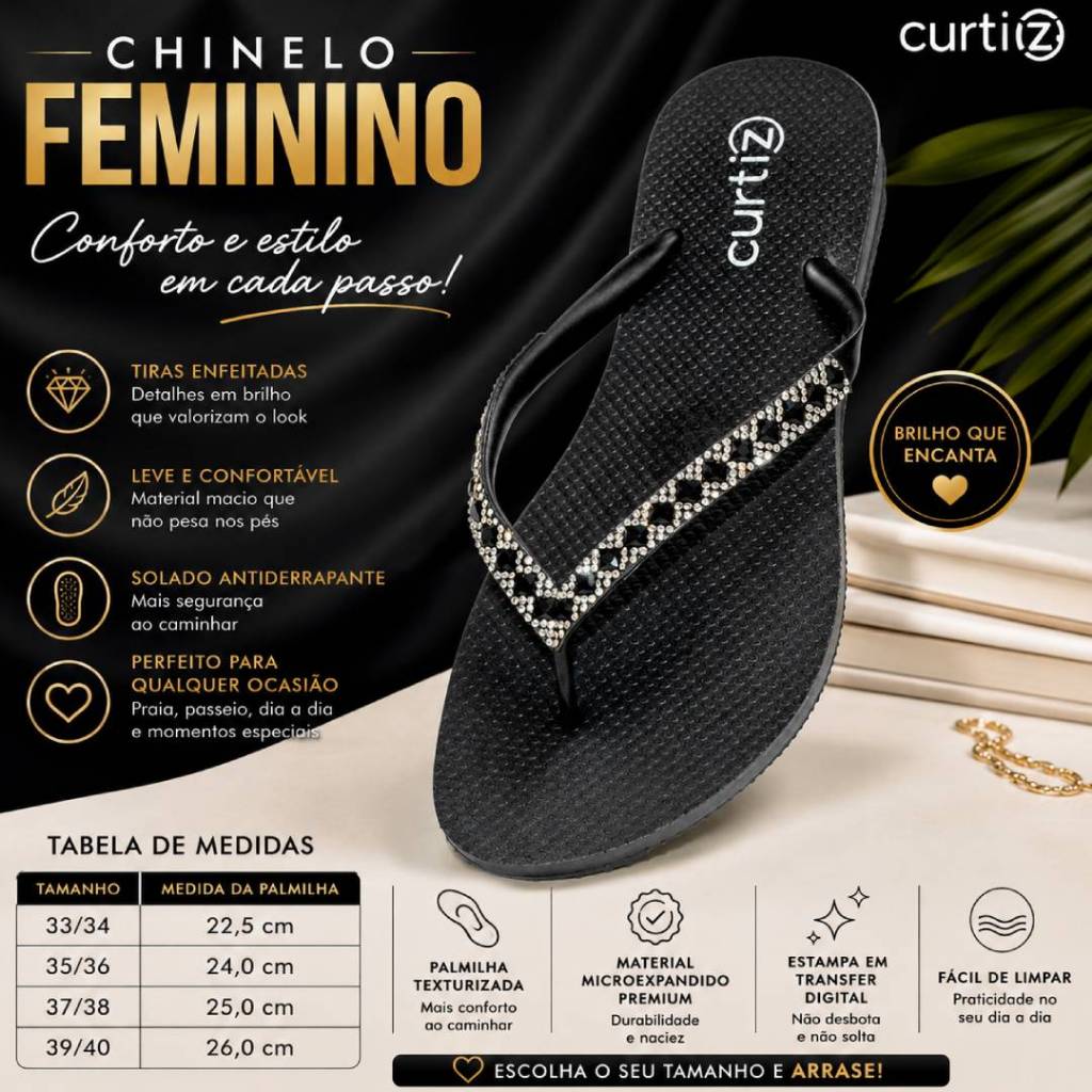 Chinelo Feminino Slim Confortável Chinelo Strass Feminino Luxo Alto Padrão Oferta