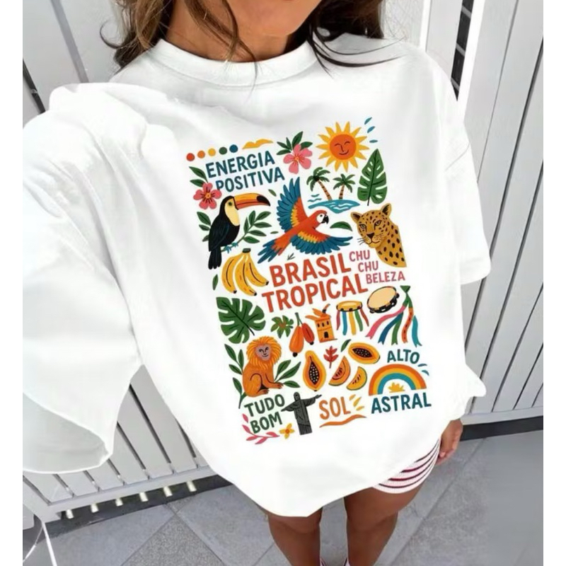 Camiseta Feminina Tshirt Básica 100% Algodão Blusa Casual Academia Confortável Brasil Tropical Arara Estilosa