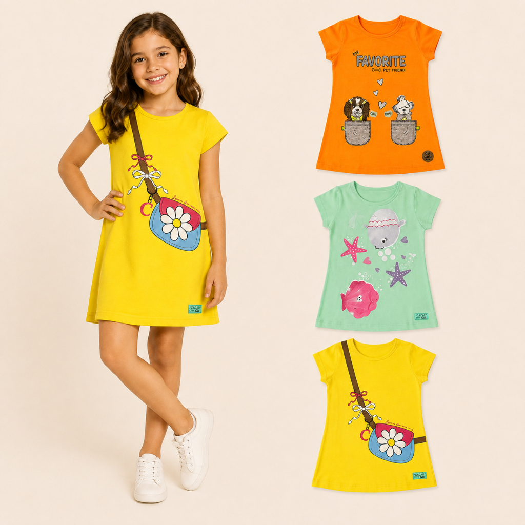 Kit 3 Vestidos Infantil Menina Cotton Algodão com Elastano, Vestidos Sortidos Estampados e Confortáveis, Tamanhos 1 ao 8