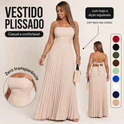 VESTIDO FEMININO LONGO PLISSADO CASUAL