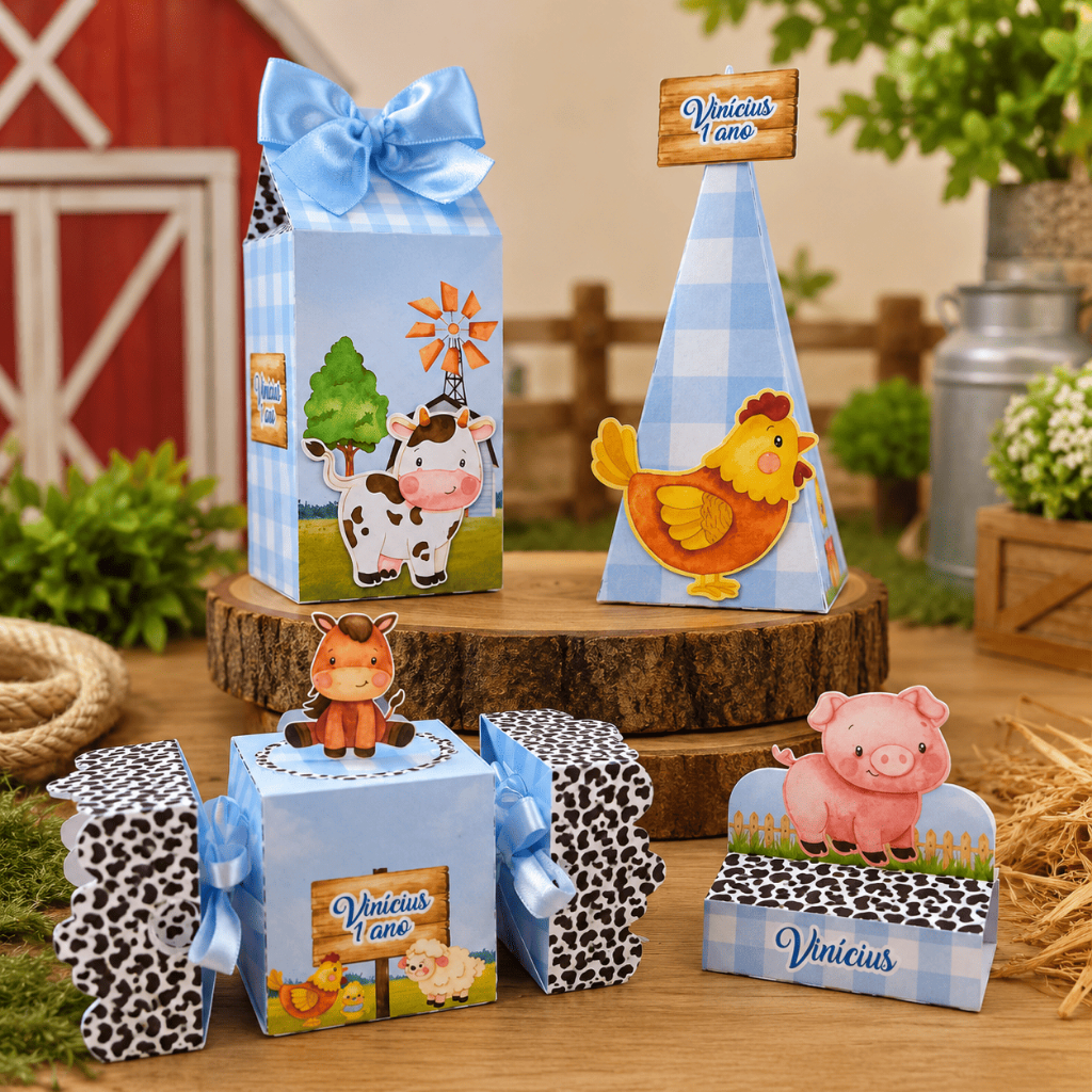 Kit Festa Caixinhas Personalizadas Lembrancinha Fazendinha Azul Fazendinha Menino Festa Infantil Aniversário