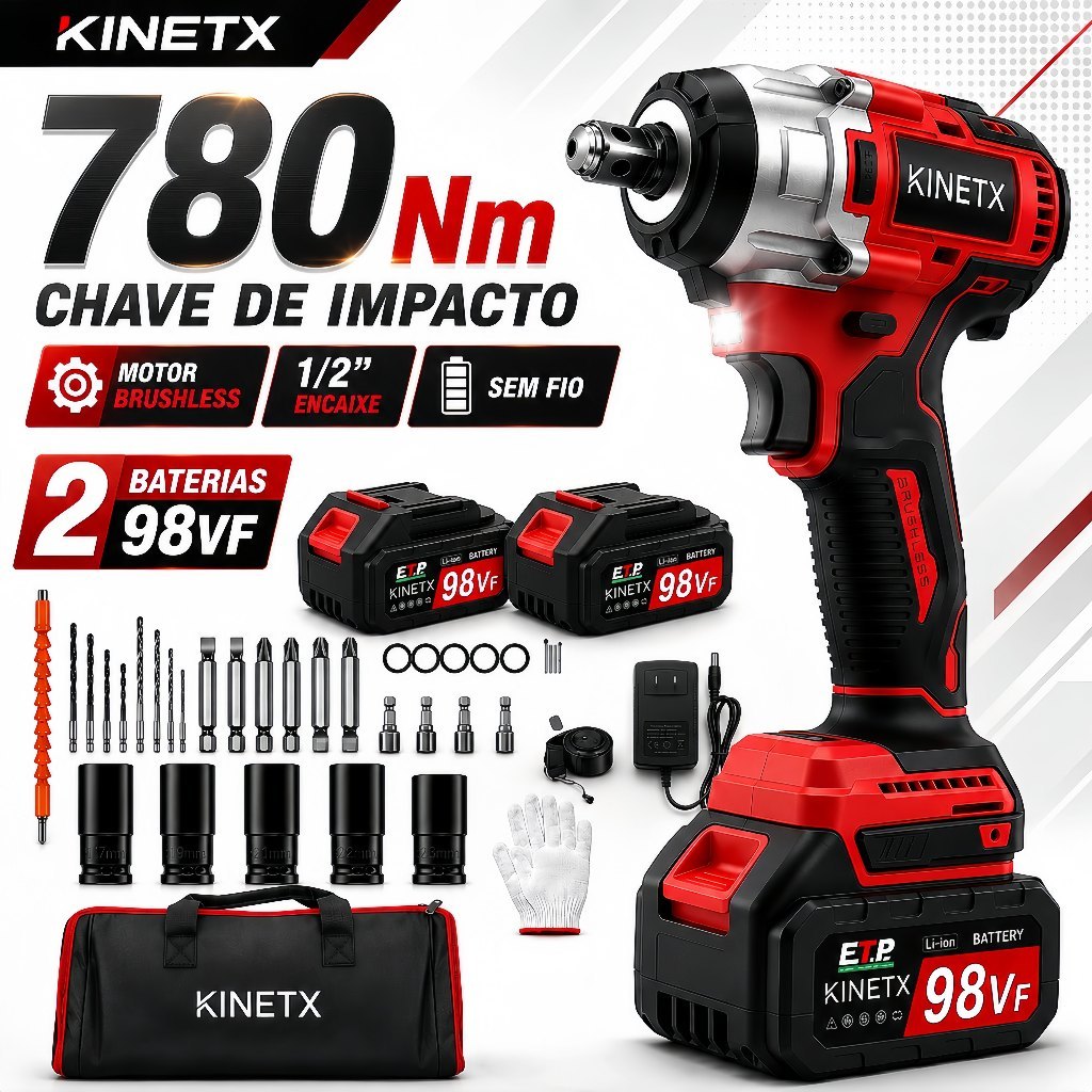 Chave de Impacto KINETX 780Nm Brushless 98VF Sem Fio 2 Baterias 1/2" Kit Completo Profissional com Soquetes e Acessórios
