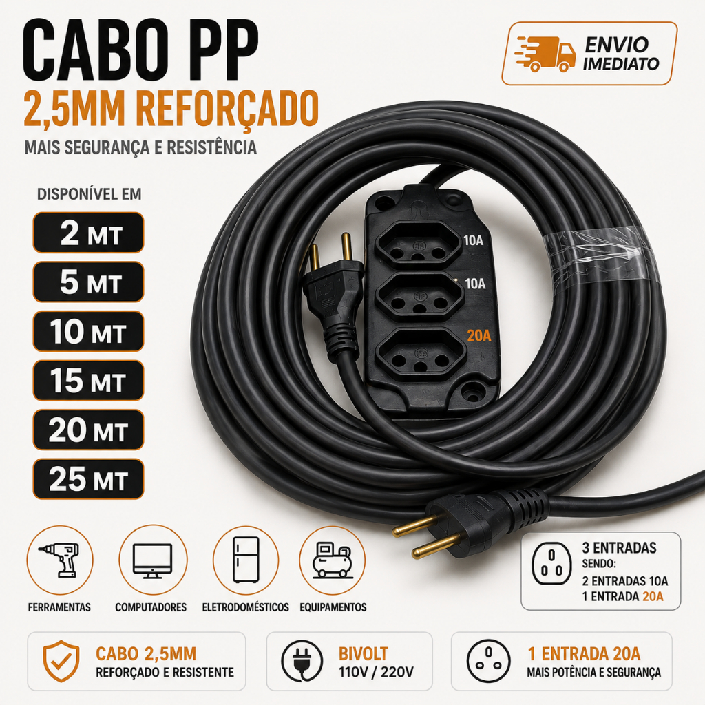 Extensão Cabo PP Reforçada Industrial Cabo 2,5 Grosso e resistente 5mt/10mt/15mt/20mt/25 Metros