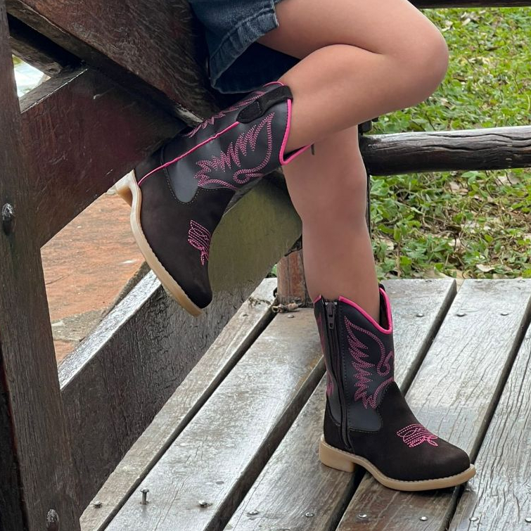 Bota Botina Texana Infantil Country Bordada Feminina Menina Rodeio Fazenda Boiadeira Confortavel Cano Médio