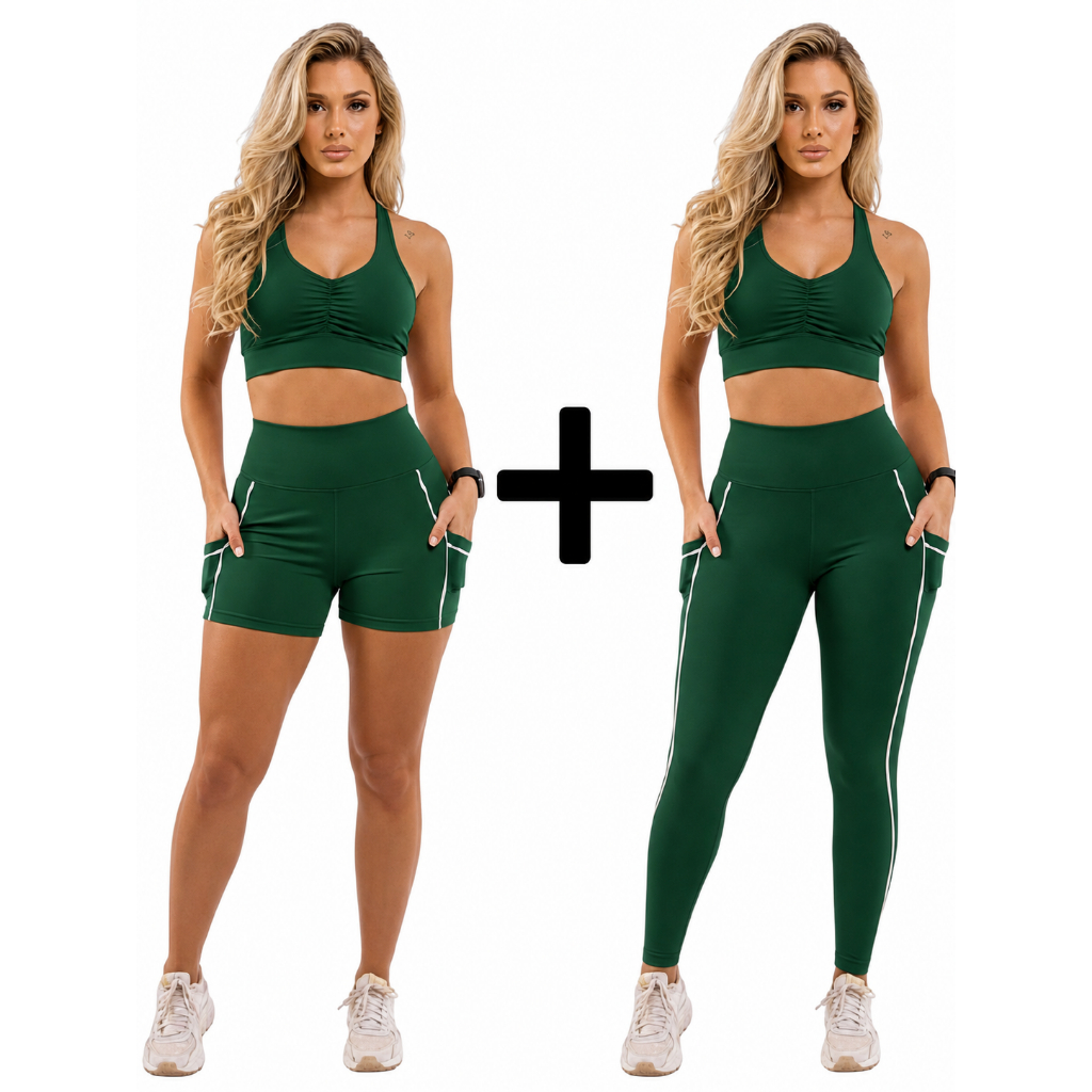 Kit Conjunto Top Nadador Calça Legging Short Alta Compressão Suplex Feminino Treino Academia