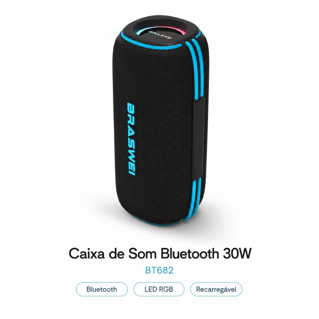 Caixa de Som Bluetooth 30W Recarregável LED RGB Portátil Resistente à Água BRASWEI BT682