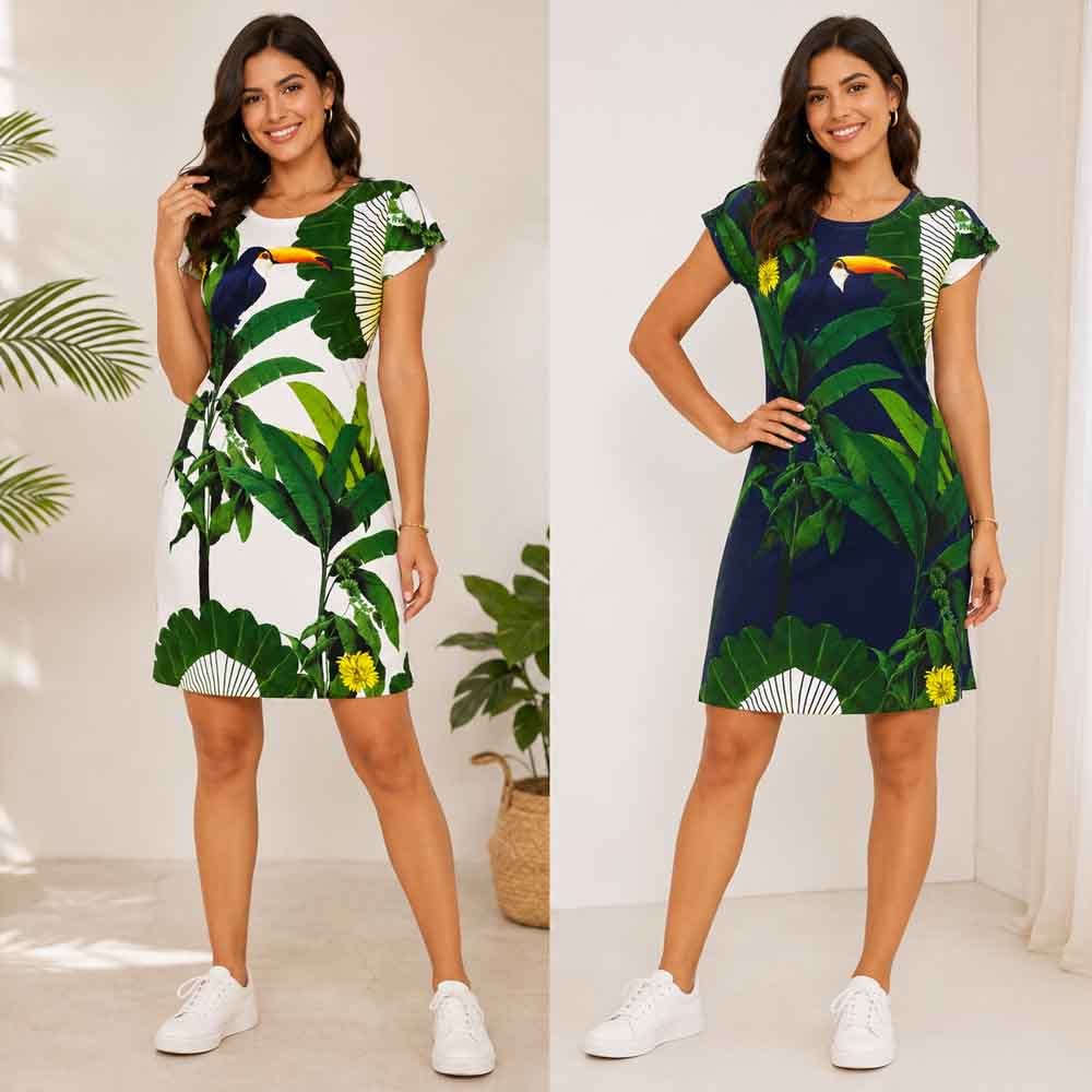 Vestido Feminino Estampado Tropical Verão Manga Curta Confortável