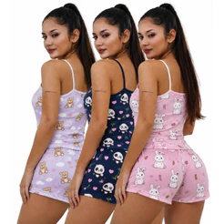 Kit com 03 Short Doll Baby Doll Micro Pijaminha Feminino confortável Cores Variadas