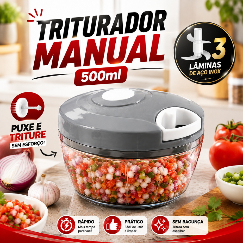 Triturador Manual de Alimentos 500ml 3 Lâminas Aço Inox Processador Cortador de Alho Cebola  |FEN7300| Lançamento