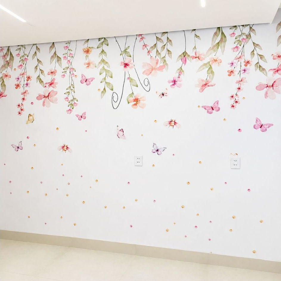Papel de Parede Jardim Flores Coloridas Suspenso Aquarelado Personalizado Auto Colante Lavavél