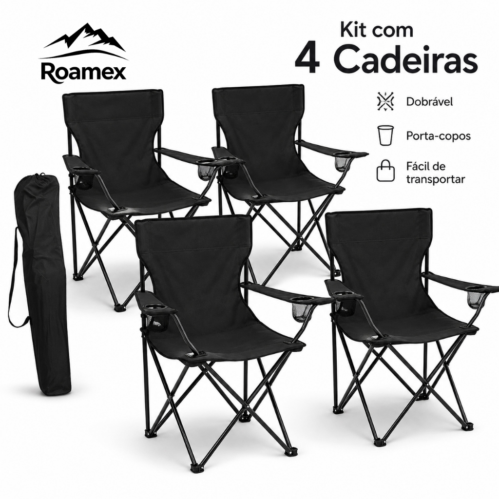 Kit 4 Cadeiras Dobráveis Camping com Porta-Copos e Bolsa Portátil para Praia Pesca Jardim Churrasco