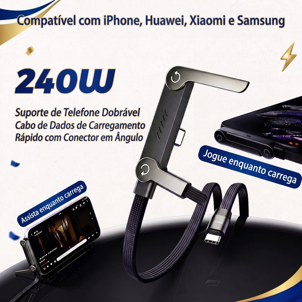 Cabo Tipo‑C 240W 1,5m Ângulo de 90° Carregamento Rápido Curvado para Celular Gamer