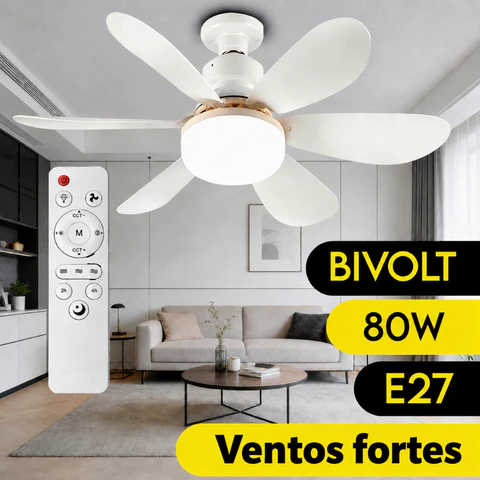 Ventilador de Teto Com Luz LED 80W Silencioso 6 Pás Controle Remoto Wind Light Branco E27 Moderno Para Quarto Sala