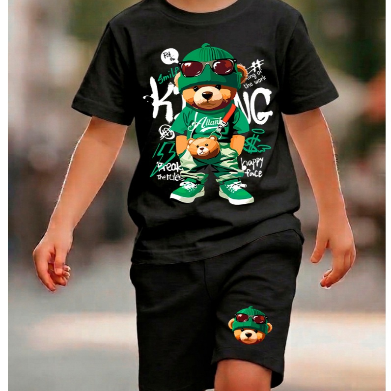 Conjunto Infantil Masculino Estampado Urso Grafite Camiseta + Bermuda Moletinho Look Moderno Casual