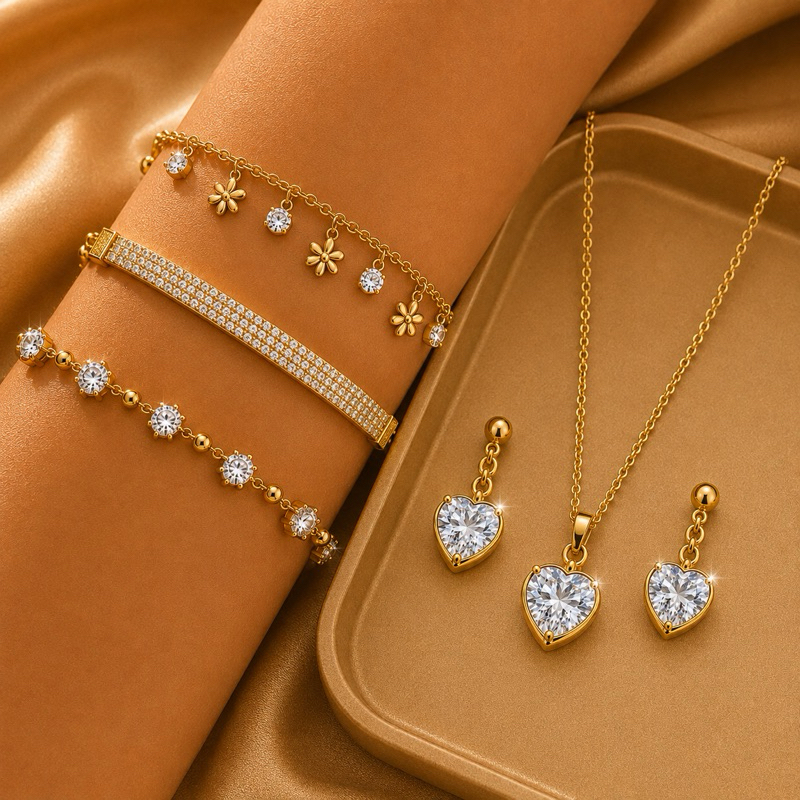 Kit Feminino 5 Peças Banhadas a Ouro ou Prata – 3 Pulseiras + Colar 44 cm + Brincos – Semijoias Femininas