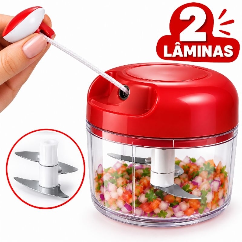 Mini Processador Manual de Alimentos 2 Lâminas Triturador Picador de Legumes Alho Cebola Frutas com Corda para Cozinha