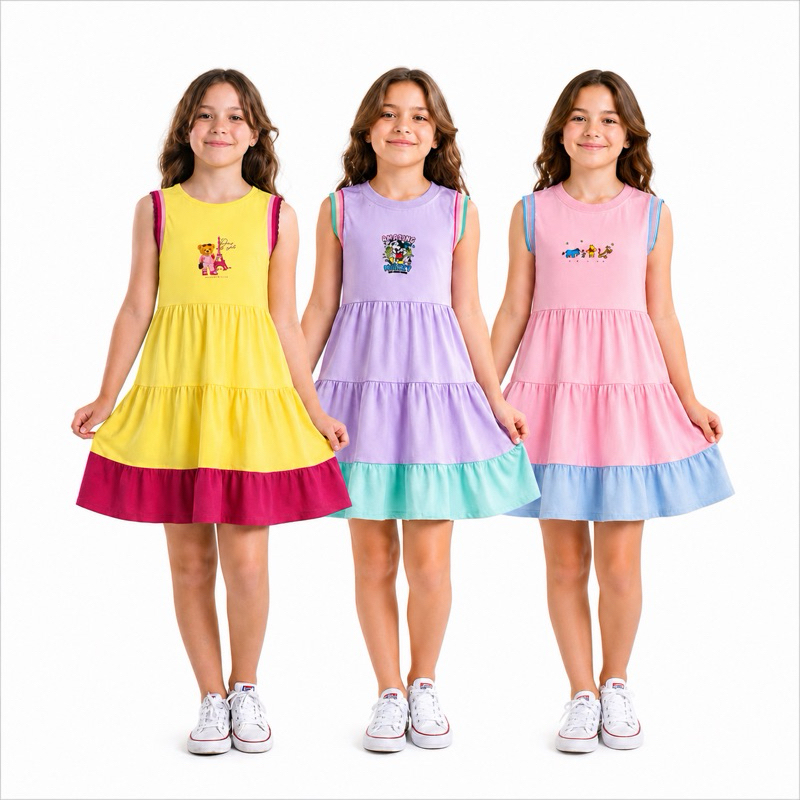 Kit 3 Peças Vestido Infantil De Algodão Liso Sortido Confortavel Meninas Soltinho Leve Passeio Verão